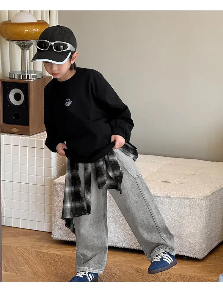 Boy's Pure Cotton Long Sleeve T-Shirt White Plaid Pants — feature 33