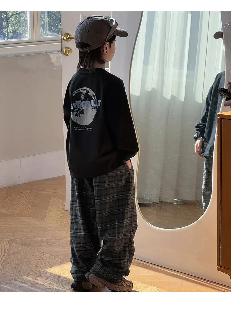Boy's Pure Cotton Long Sleeve T-Shirt White Plaid Pants — feature 36