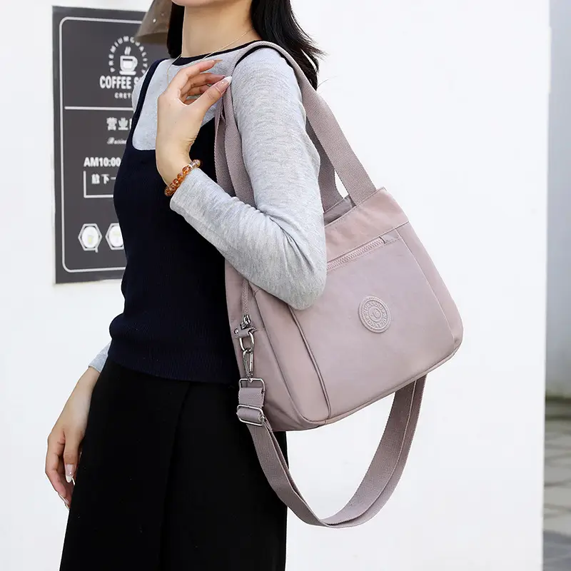 Women's Large Capacity Crossbody Bag Textured Nylon Light Grey - Image 11
