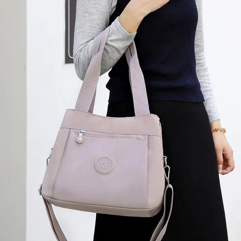 Women's Large Capacity Crossbody Bag Textured Nylon Light Grey - Image 14