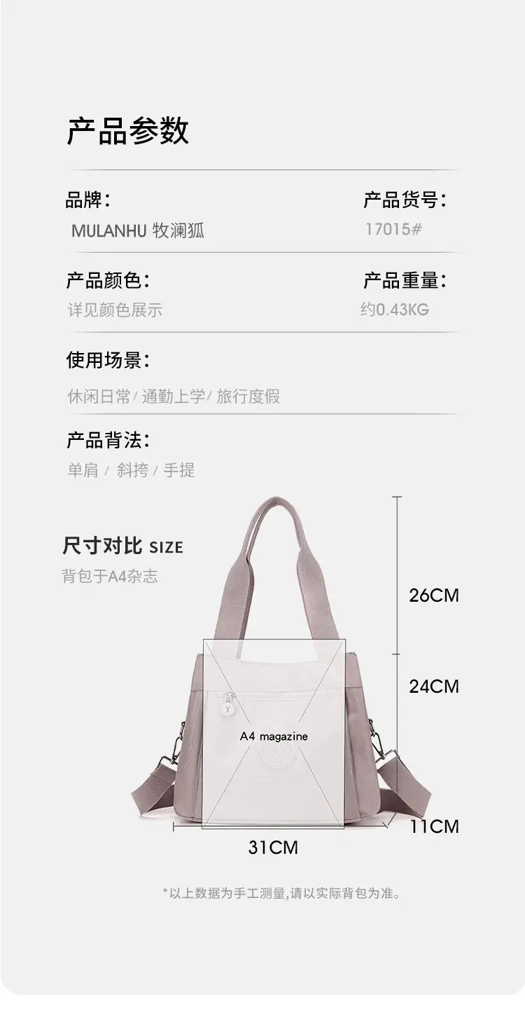 Women's Large Capacity Crossbody Bag Textured Nylon Light Grey — feature 16