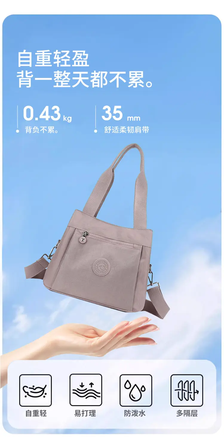 Women's Large Capacity Crossbody Bag Textured Nylon Light Grey — feature 6