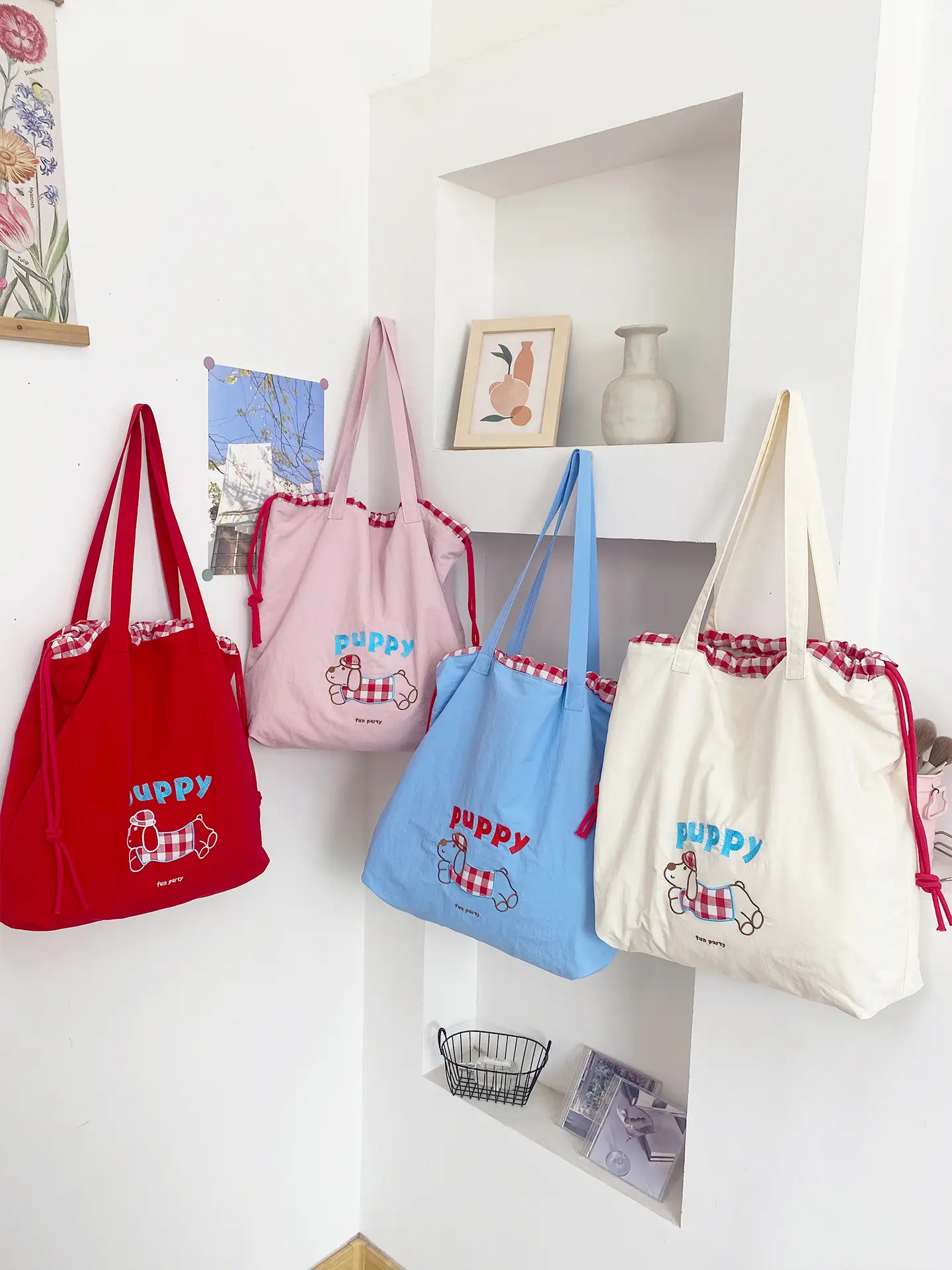 Cute Embroidered Puppy Drawstring Tote Bags - Image 6