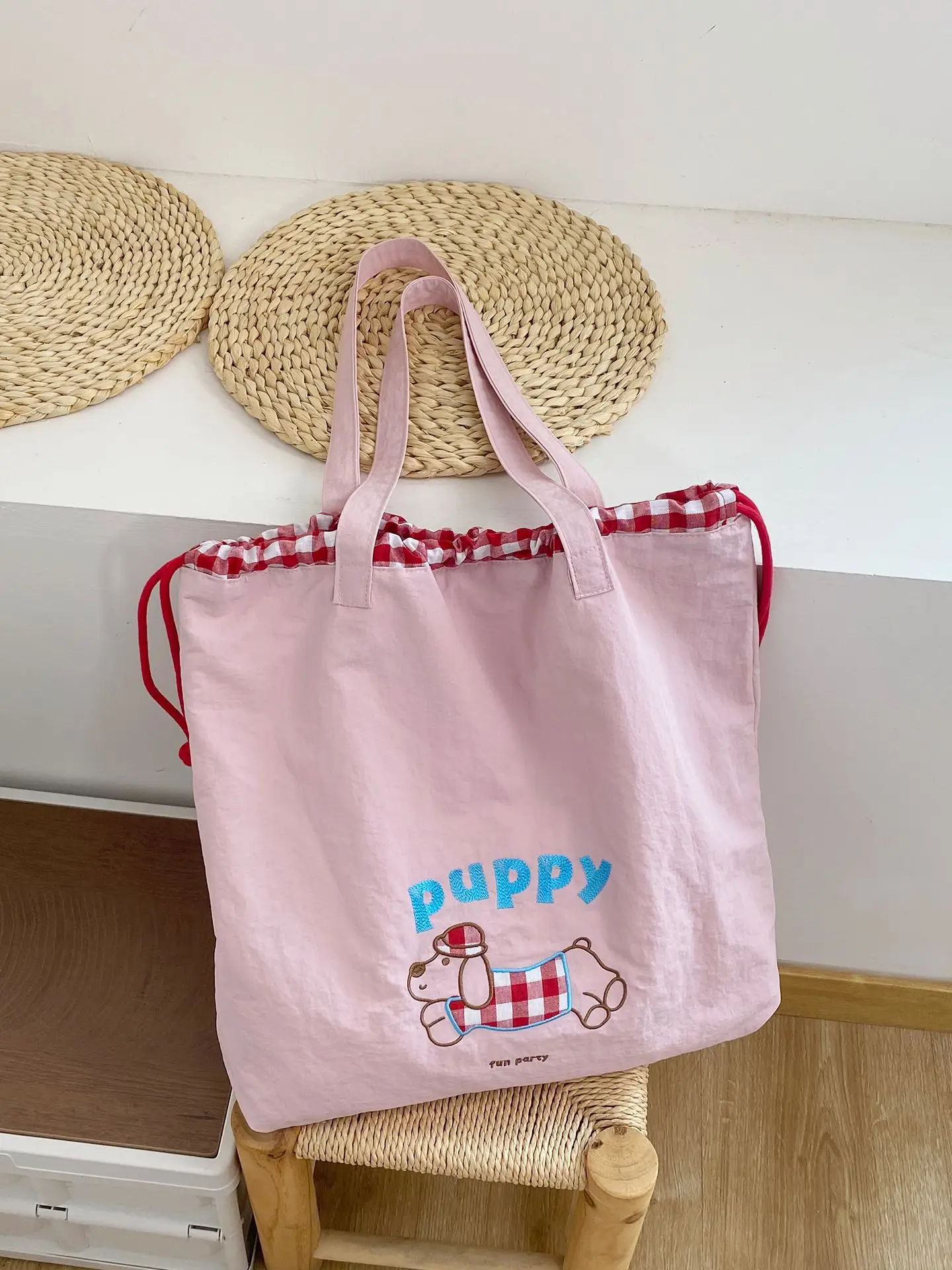 Cute Embroidered Puppy Drawstring Tote Bags - Image 3