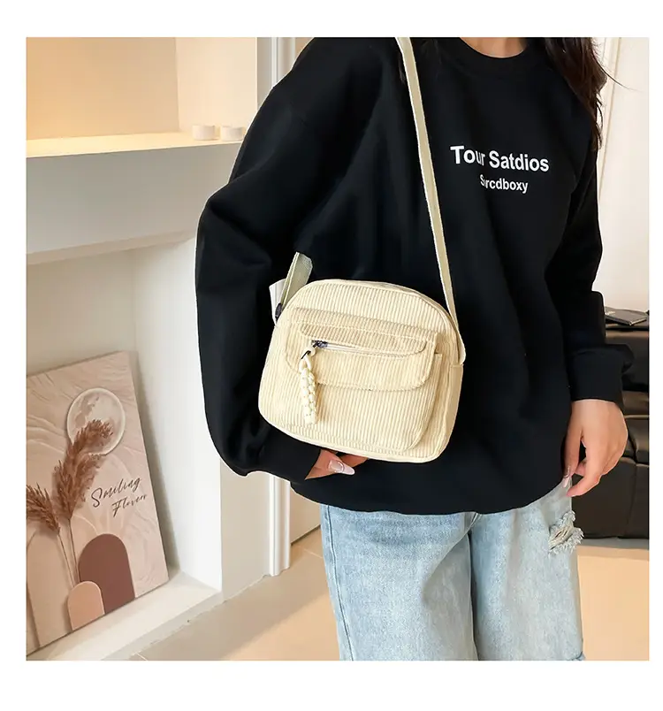 Women's Corduroy Shoulder Messenger Bag Cream 2025 — feature 22
