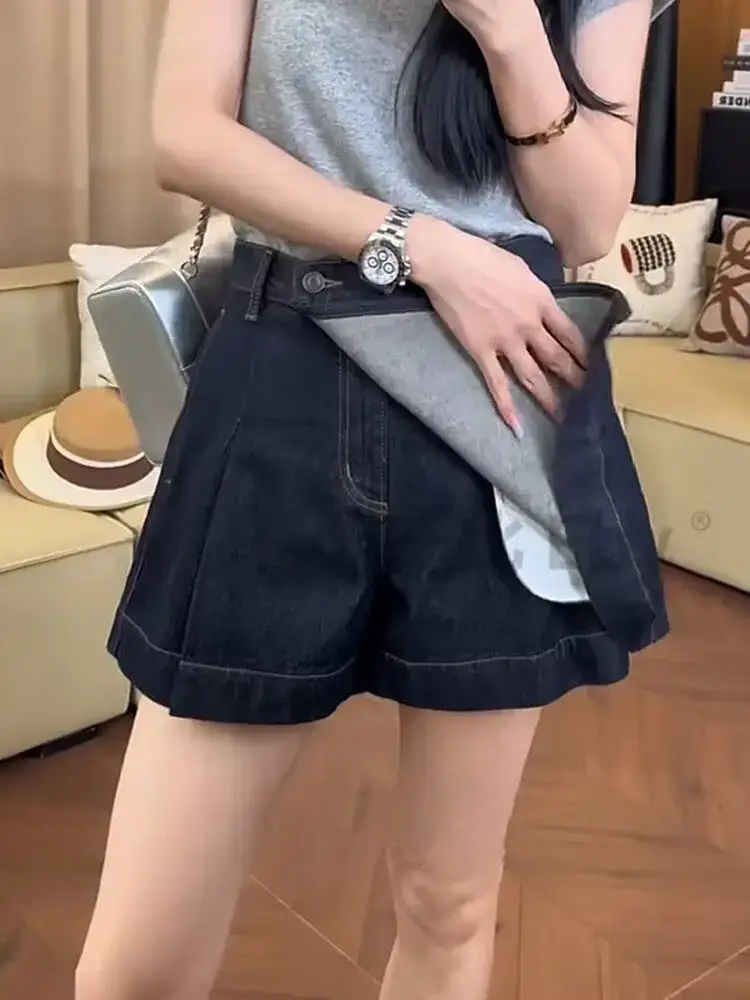 Dark Blue Slimming Denim Shorts High Waist 2025