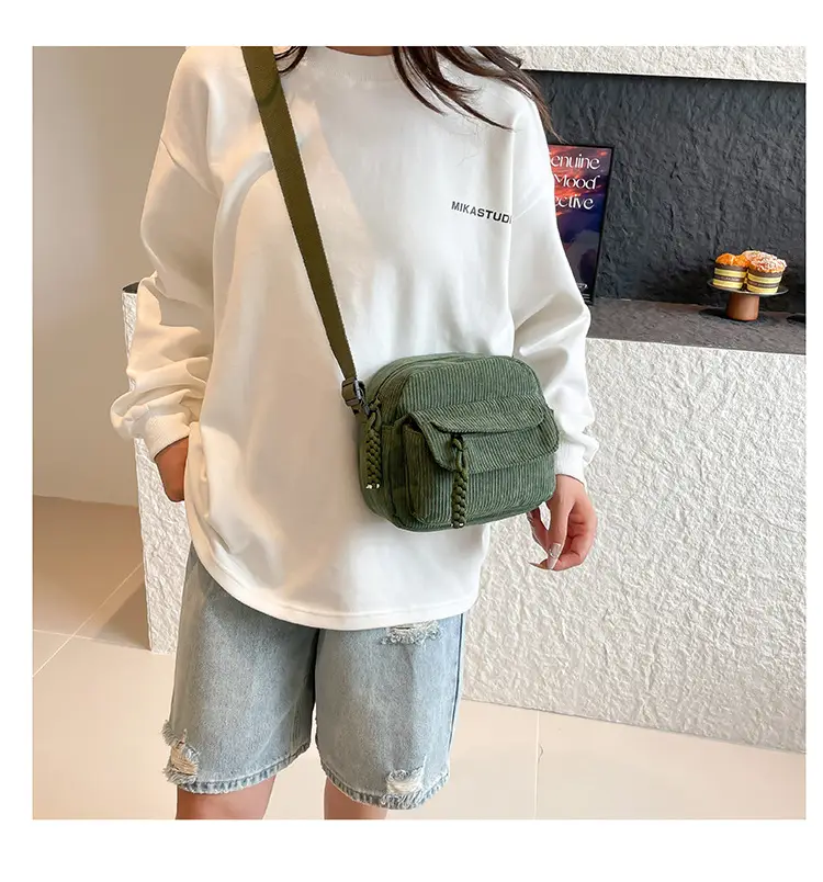Korean Ins Corduroy Crossbody Bag Pure Color Canvas Fashion Casual Shoulder Bag Student Work Clothing Japanese Small Shoulder Bag luggage and leather goods — feature 10