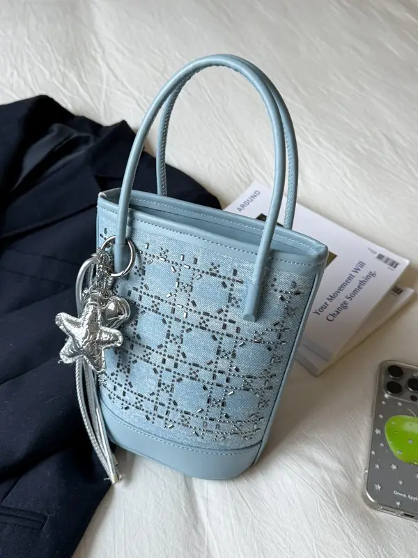 Diamond Encrusted Blue Bucket Bag with One Shoulder Handle