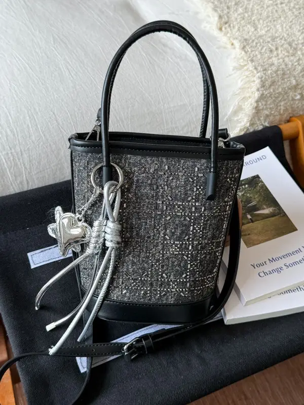 Diamond Encrusted Blue Bucket Bag with One Shoulder Handle