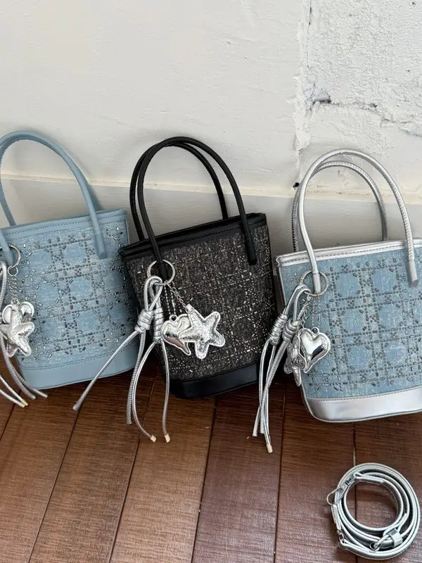 Diamond Encrusted Blue Bucket Bag with One Shoulder Handle