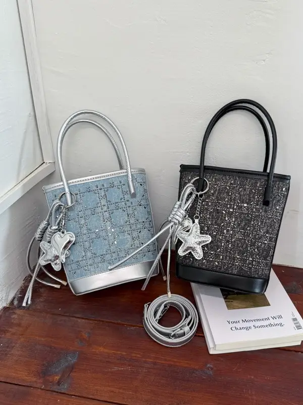 Diamond Encrusted Blue Bucket Bag with One Shoulder Handle