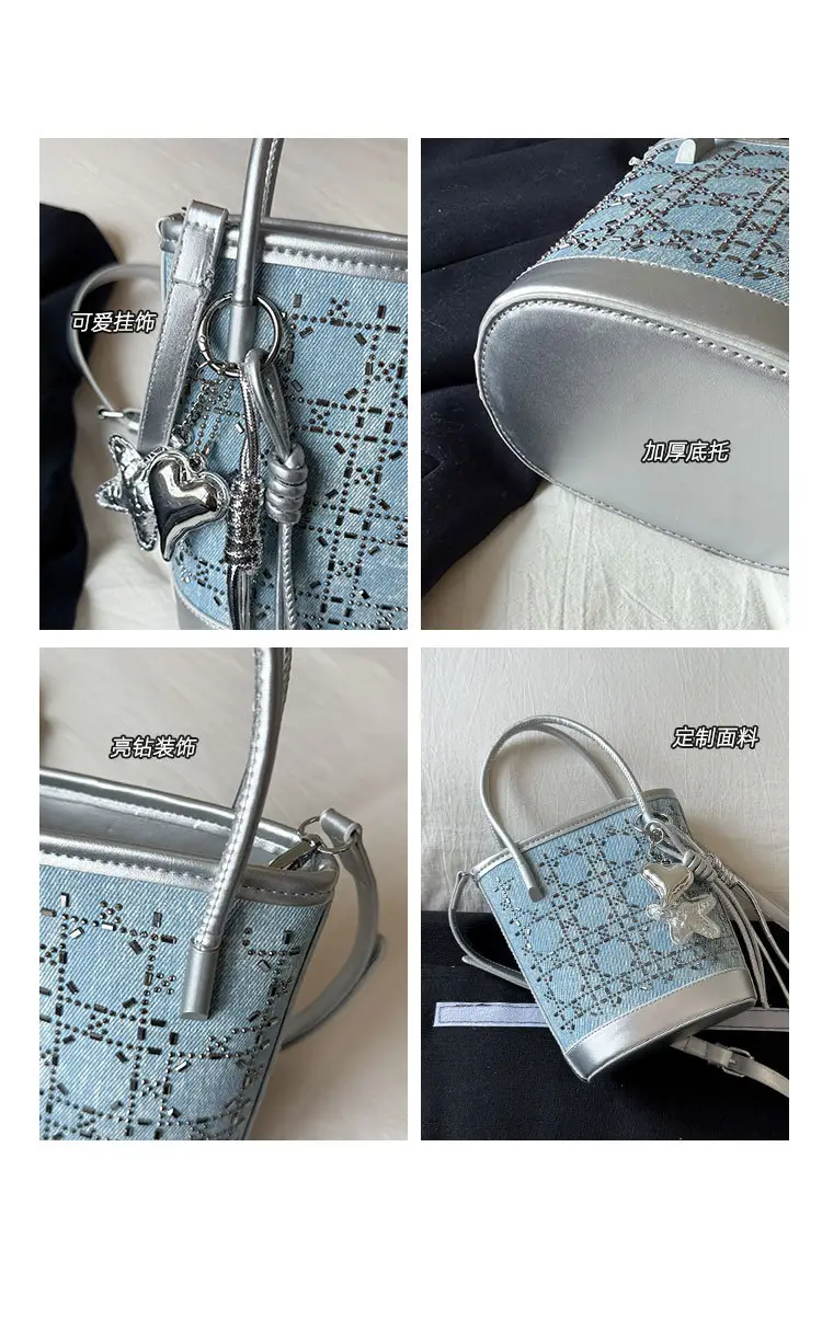 Diamond Encrusted Blue Bucket Bag with One Shoulder Handle — feature 10