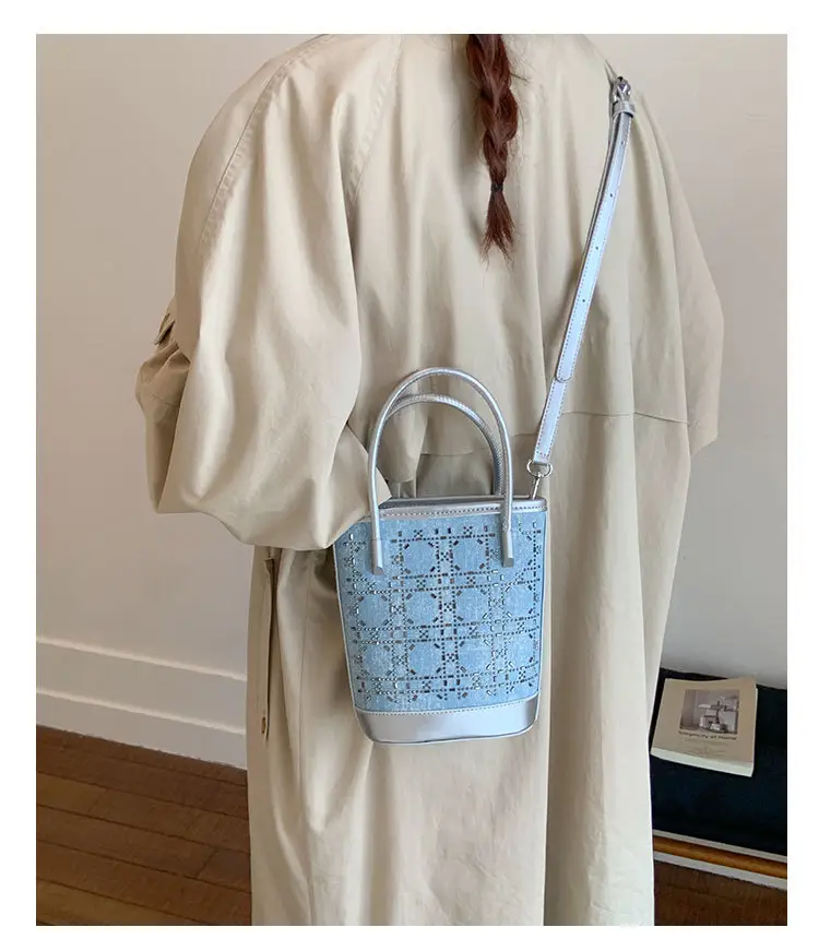 Diamond Encrusted Blue Bucket Bag with One Shoulder Handle — feature 11