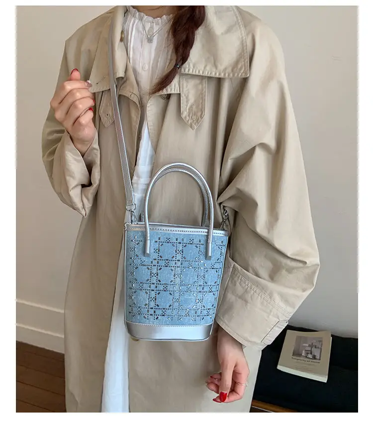 Diamond Encrusted Blue Bucket Bag with One Shoulder Handle — feature 12
