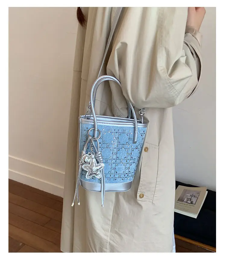 Diamond Encrusted Blue Bucket Bag with One Shoulder Handle — feature 13