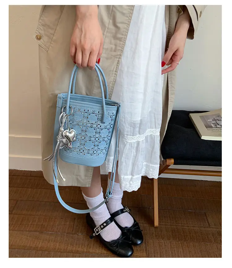 Diamond Encrusted Blue Bucket Bag with One Shoulder Handle — feature 14