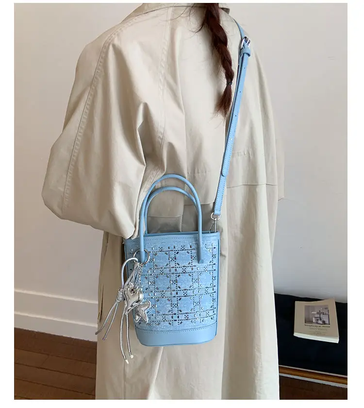 Diamond Encrusted Blue Bucket Bag with One Shoulder Handle — feature 15