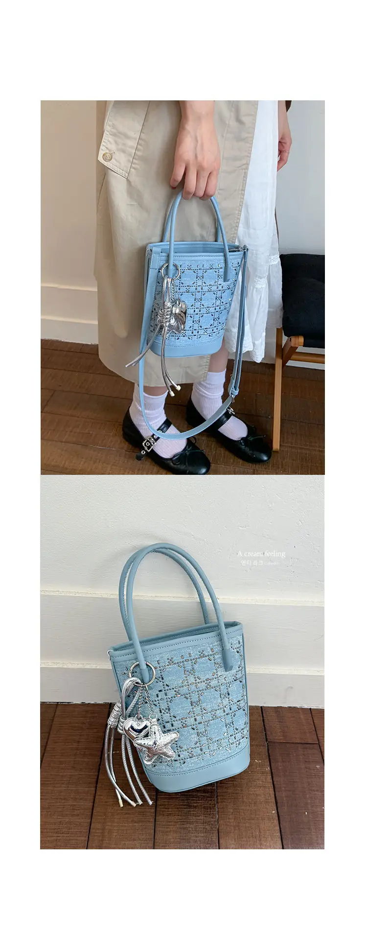 Diamond Encrusted Blue Bucket Bag with One Shoulder Handle — feature 16