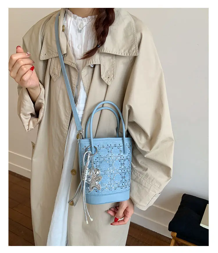 Diamond Encrusted Blue Bucket Bag with One Shoulder Handle — feature 17