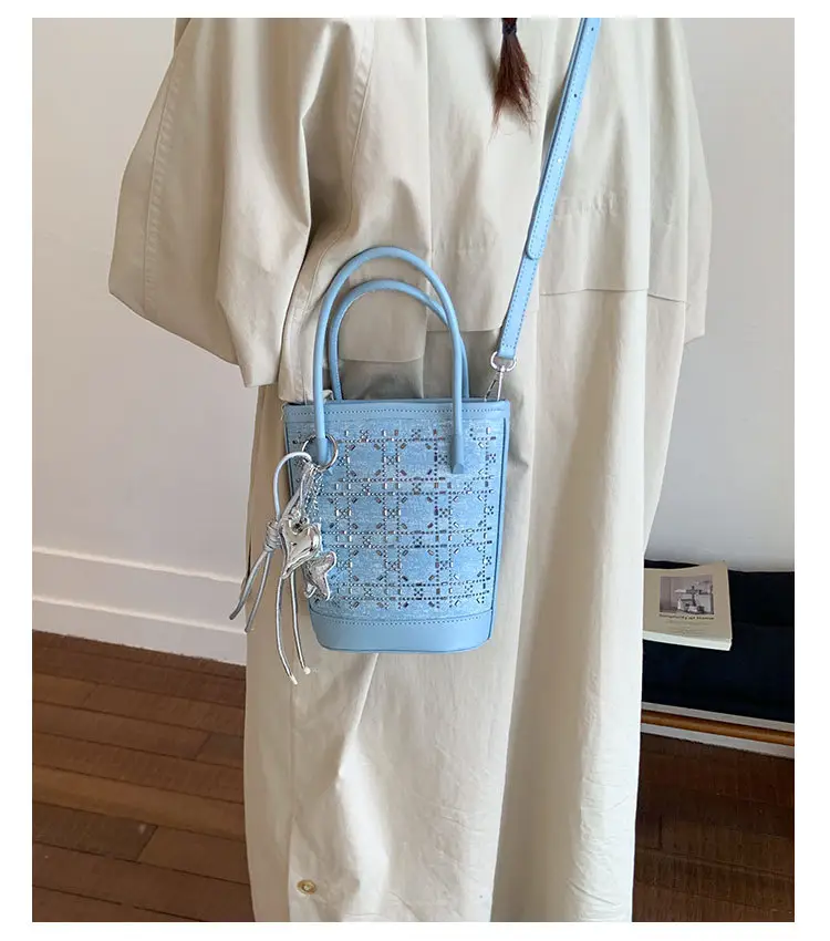 Diamond Encrusted Blue Bucket Bag with One Shoulder Handle — feature 18