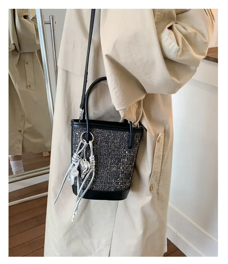 Diamond Encrusted Blue Bucket Bag with One Shoulder Handle — feature 19