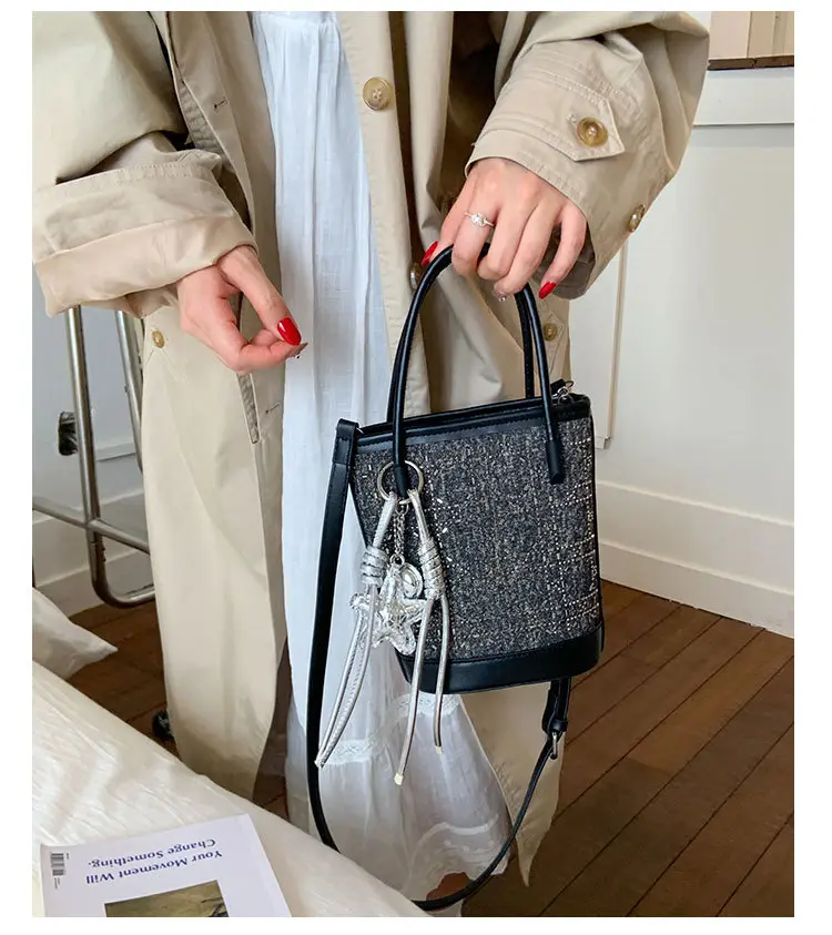Diamond Encrusted Blue Bucket Bag with One Shoulder Handle — feature 20