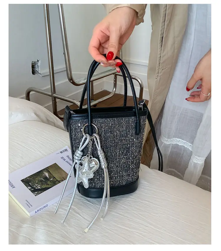 Diamond Encrusted Blue Bucket Bag with One Shoulder Handle — feature 21