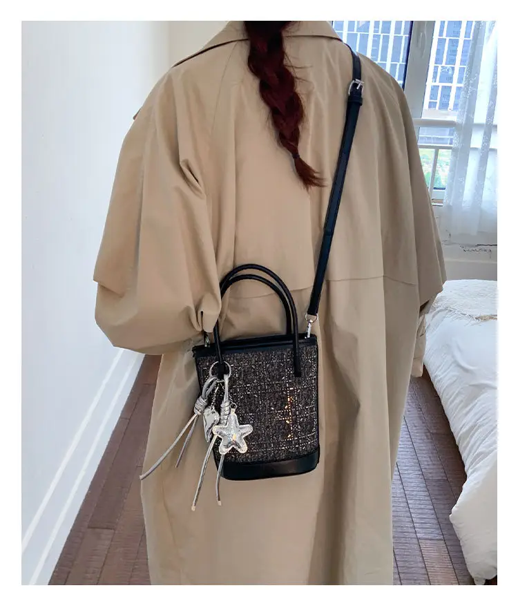 Diamond Encrusted Blue Bucket Bag with One Shoulder Handle — feature 22