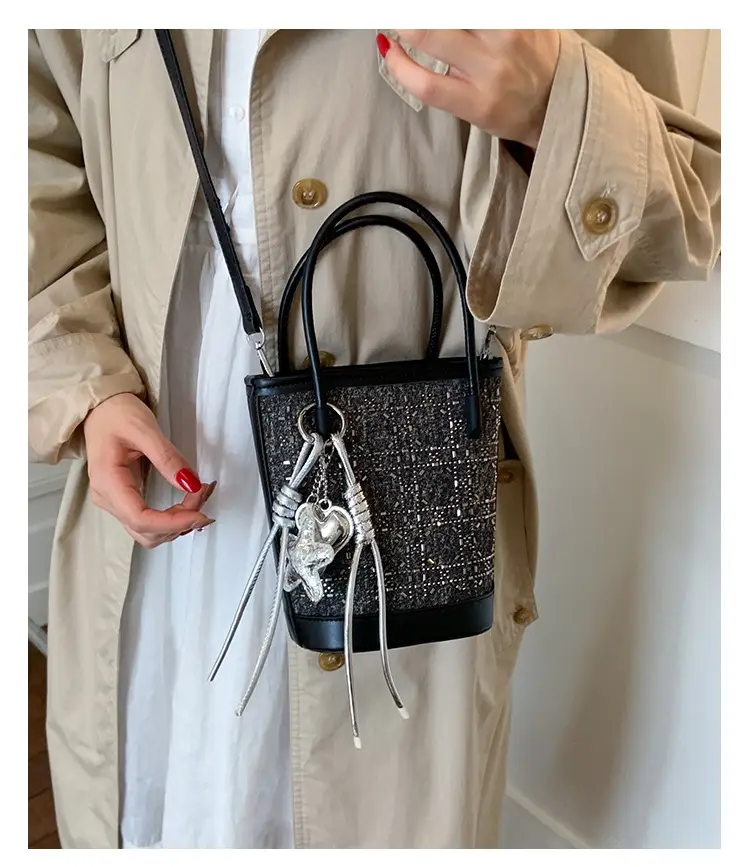 Diamond Encrusted Blue Bucket Bag with One Shoulder Handle — feature 23
