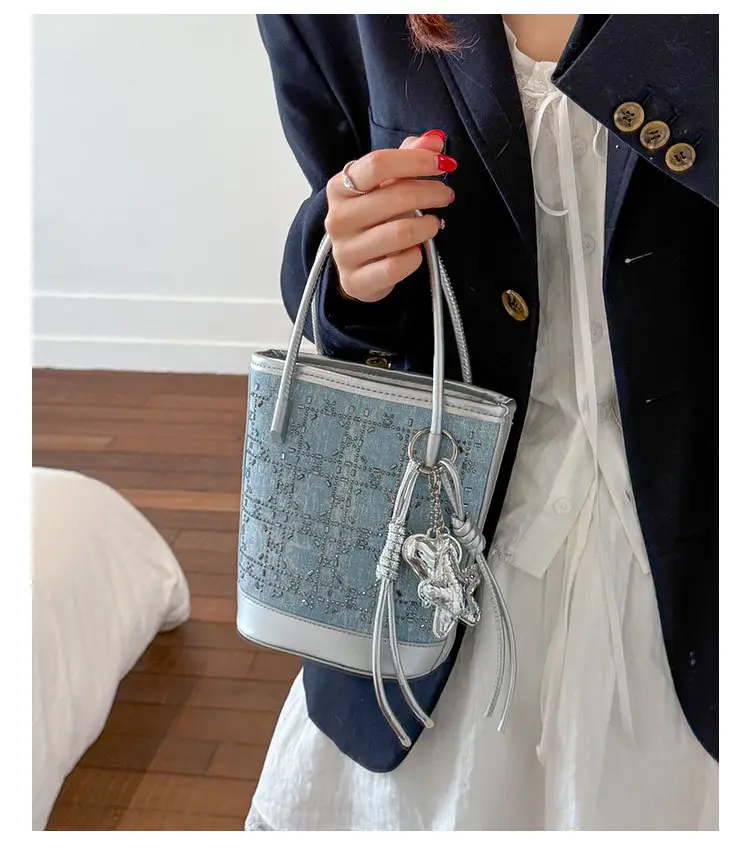 Diamond Encrusted Blue Bucket Bag with One Shoulder Handle — feature 24