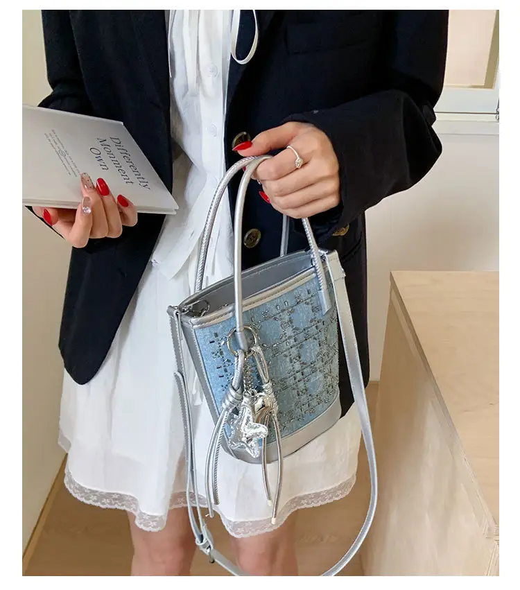 Diamond Encrusted Blue Bucket Bag with One Shoulder Handle — feature 25