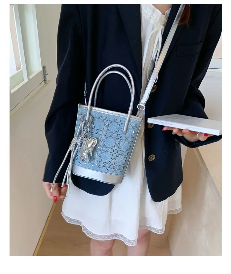Diamond Encrusted Blue Bucket Bag with One Shoulder Handle — feature 26