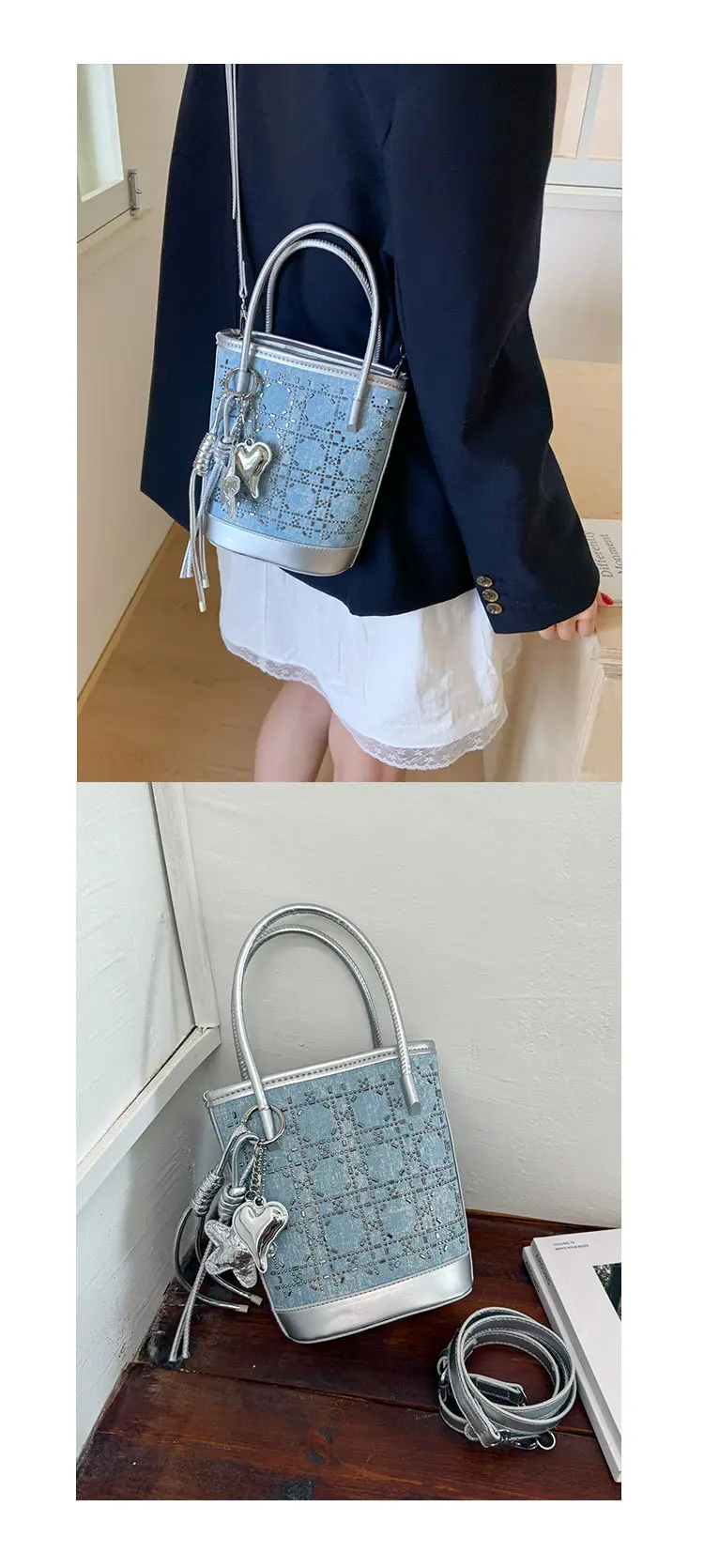 Diamond Encrusted Blue Bucket Bag with One Shoulder Handle — feature 27
