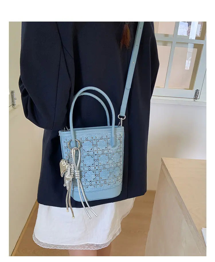 Diamond Encrusted Blue Bucket Bag with One Shoulder Handle — feature 28
