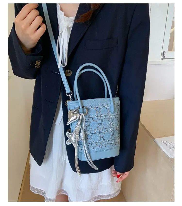 Diamond Encrusted Blue Bucket Bag with One Shoulder Handle — feature 29