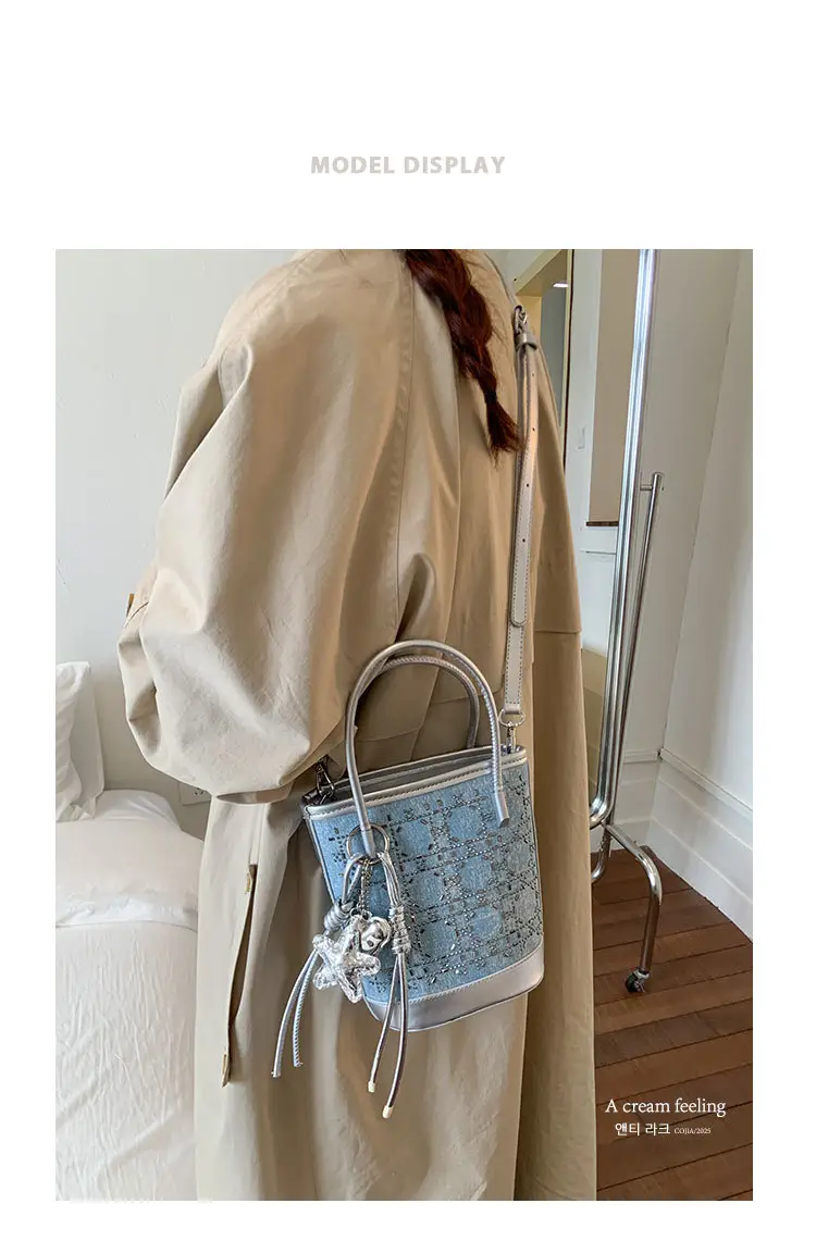 Diamond Encrusted Blue Bucket Bag with One Shoulder Handle — feature 3