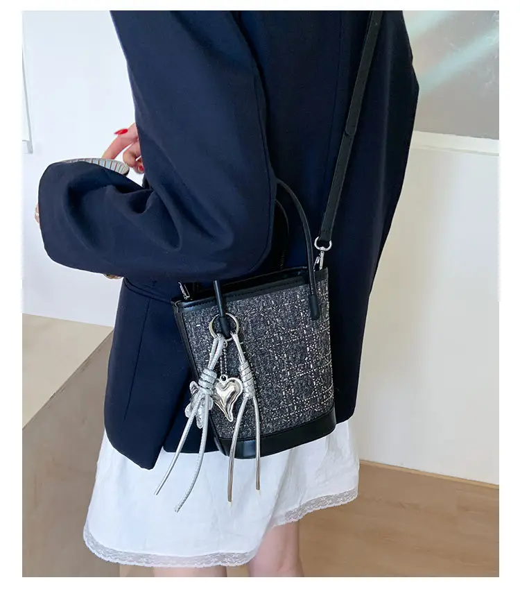 Diamond Encrusted Blue Bucket Bag with One Shoulder Handle — feature 30