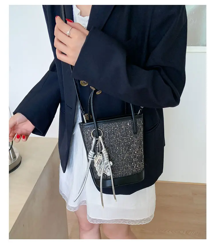 Diamond Encrusted Blue Bucket Bag with One Shoulder Handle — feature 31