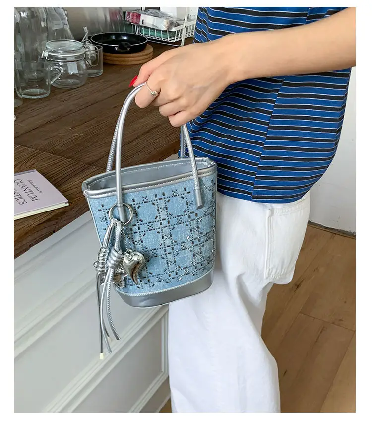 Diamond Encrusted Blue Bucket Bag with One Shoulder Handle — feature 32