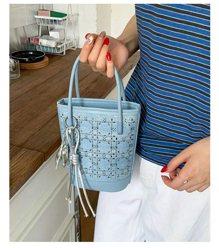 Diamond Encrusted Blue Bucket Bag with One Shoulder Handle — feature 33
