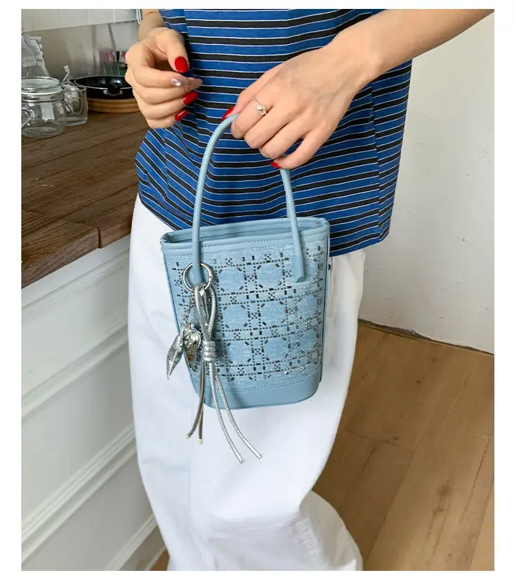 Diamond Encrusted Blue Bucket Bag with One Shoulder Handle — feature 34