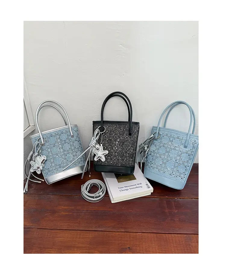 Diamond Encrusted Blue Bucket Bag with One Shoulder Handle — feature 35