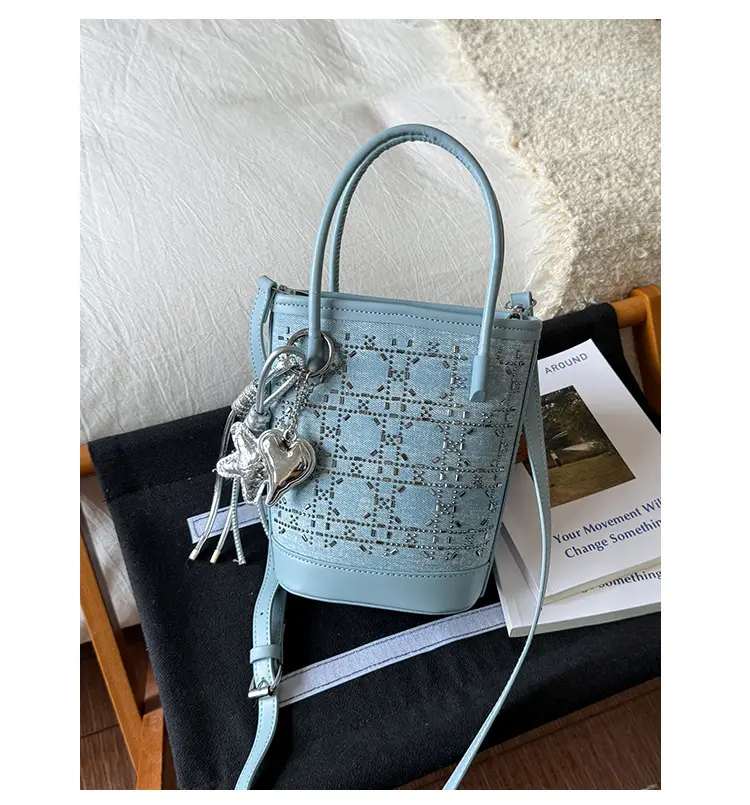 Diamond Encrusted Blue Bucket Bag with One Shoulder Handle — feature 36