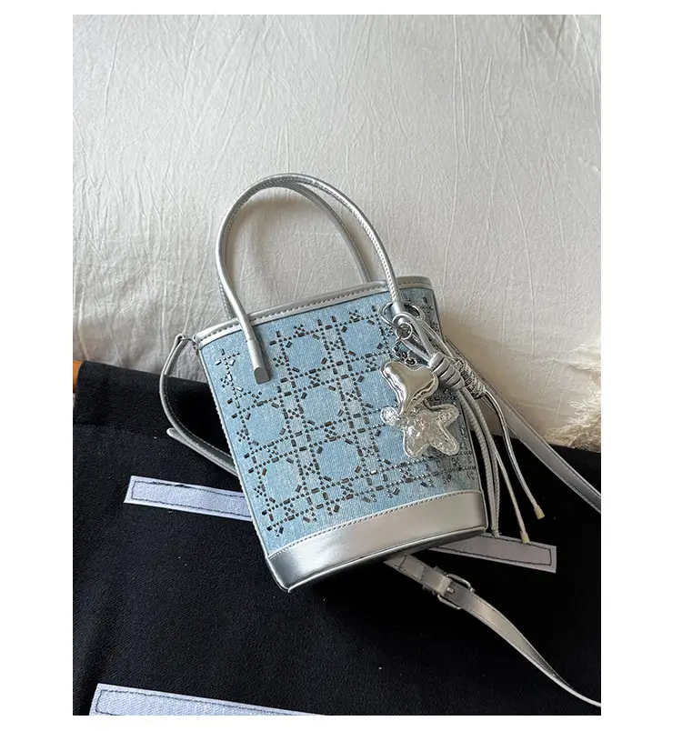 Diamond Encrusted Blue Bucket Bag with One Shoulder Handle — feature 37