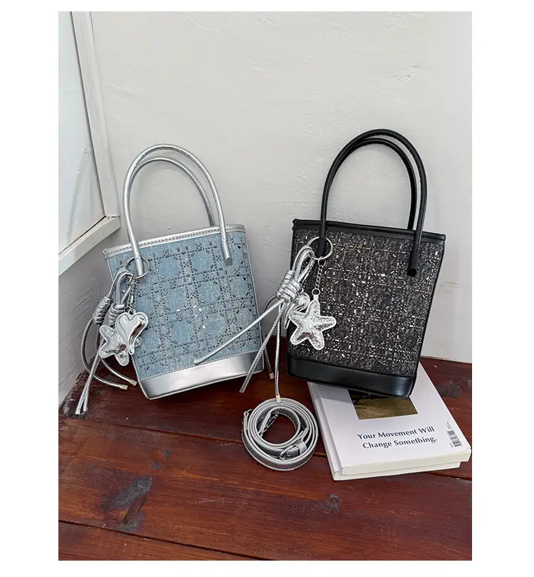 Diamond Encrusted Blue Bucket Bag with One Shoulder Handle — feature 38