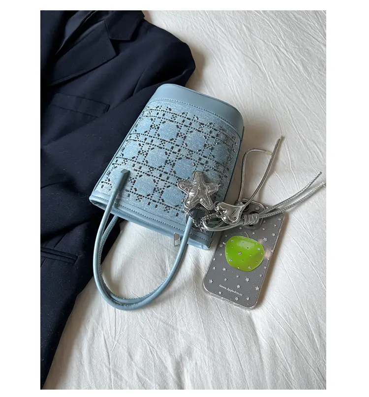 Diamond Encrusted Blue Bucket Bag with One Shoulder Handle — feature 39