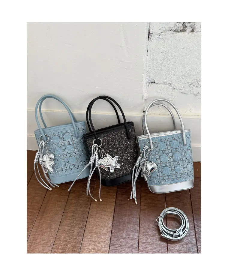 Diamond Encrusted Blue Bucket Bag with One Shoulder Handle — feature 4