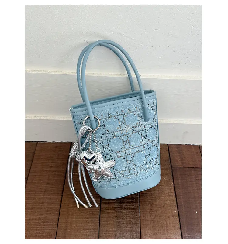 Diamond Encrusted Blue Bucket Bag with One Shoulder Handle — feature 40