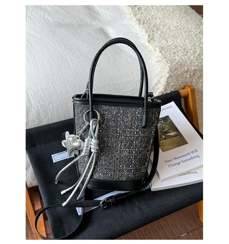 Diamond Encrusted Blue Bucket Bag with One Shoulder Handle — feature 41