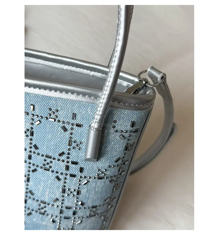 Diamond Encrusted Blue Bucket Bag with One Shoulder Handle — feature 42